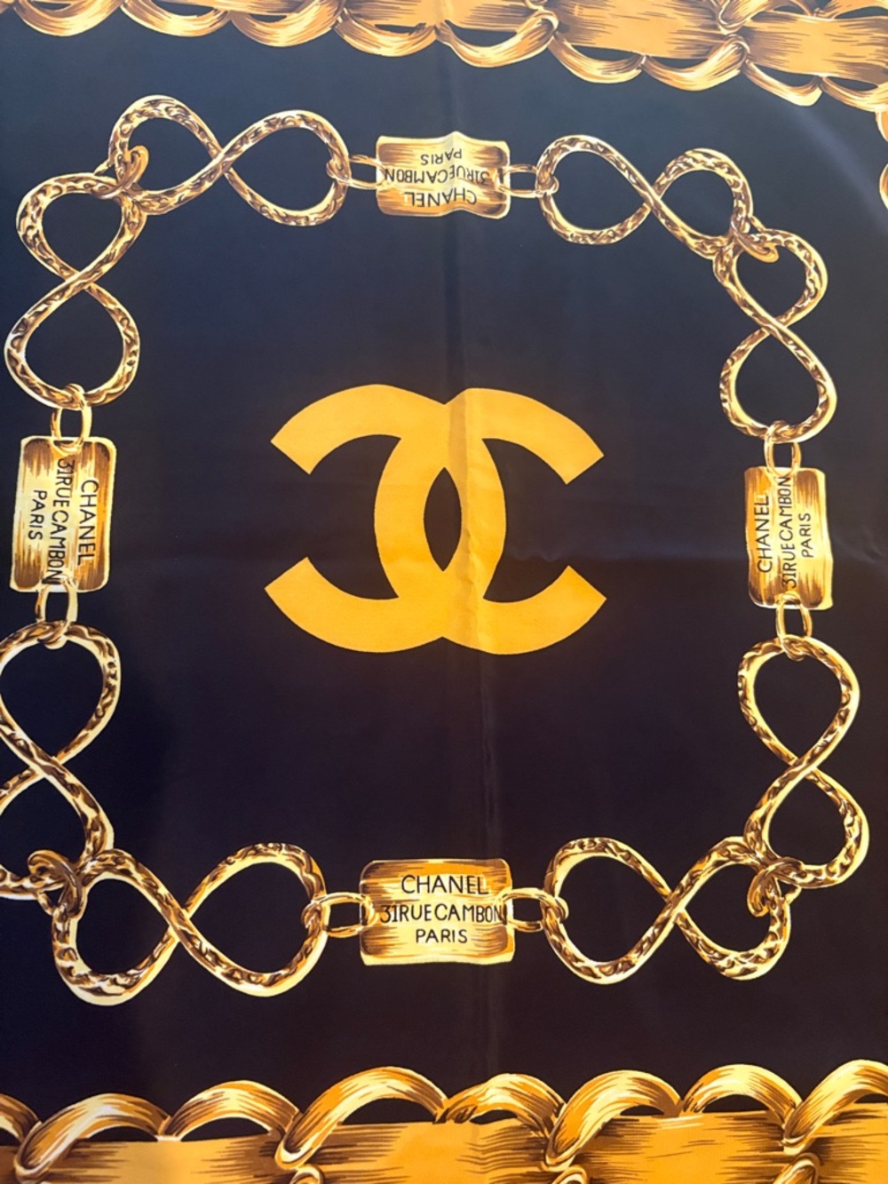 Vintage CHANEL Black and Gold Chain Motif Silk Scarf - Picture 3 of 4